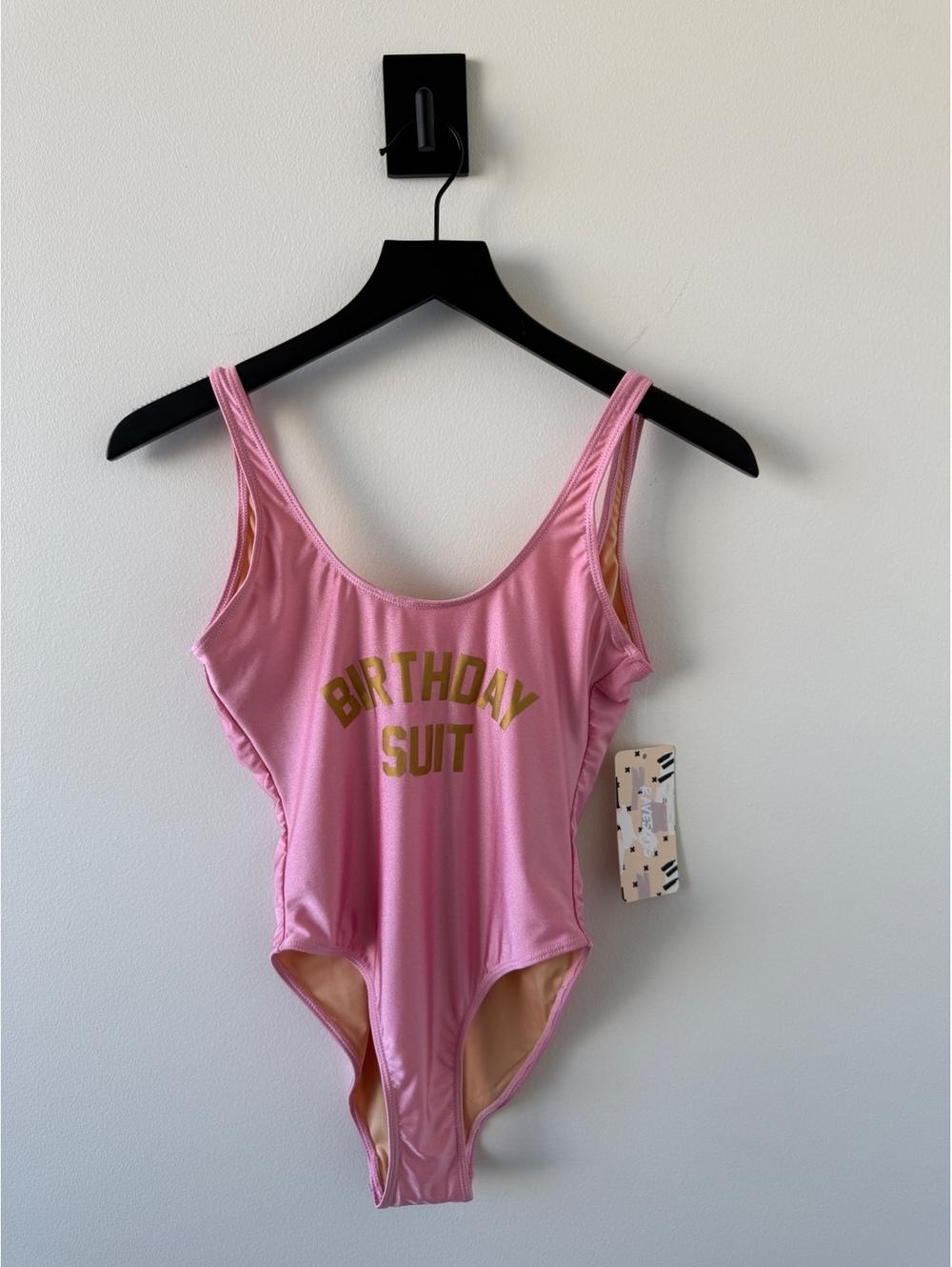 Pink 'Birthday Suit' One-Piece Swimsuit with Gold Lettering, New with Tags
